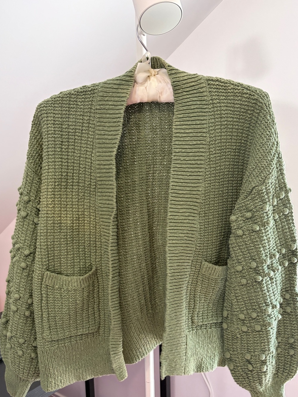 Madewell Olive Green Pom-Pom Sleeve Open-Front Cardigan